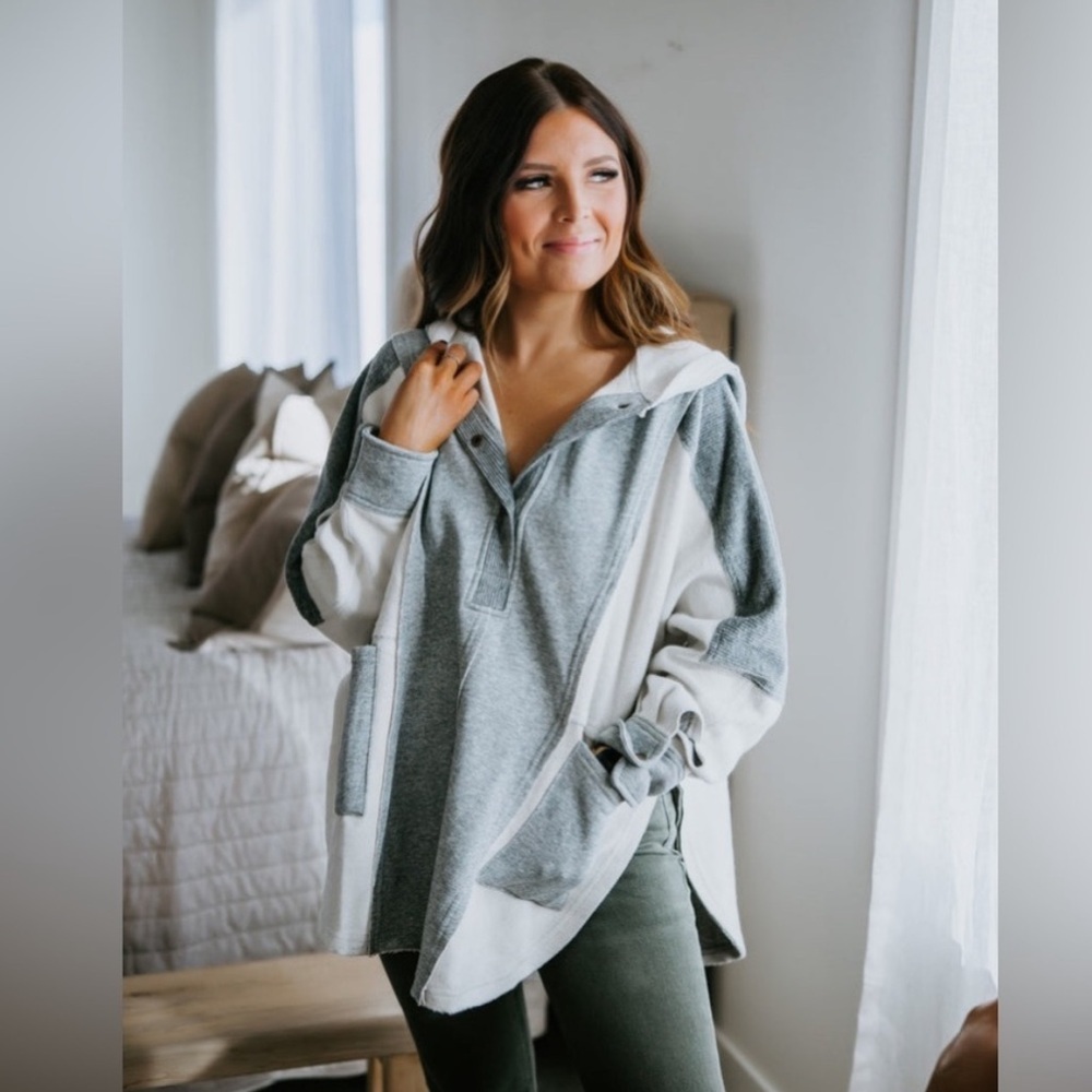 AEMI + CO Heather Gray Mixed Media Hoodie Oversized Small Boho Cozy - Picture 5 of 16